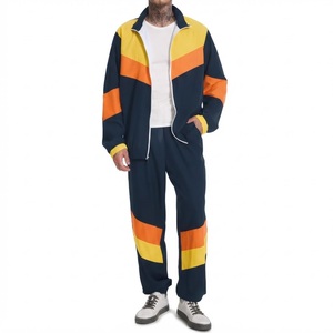 Men Tracksuit Set Retro Windbreaker <b>Jacket</b> and Pants Navy Blue Yellow Orange Color Block <b>Shell</b> <b>Suit</b> Costume Outfit - Product Image 1