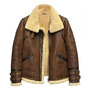 Chaqueta de aviador para hombre de cuero vacuno original, forrada con piel sintética, chaqueta bomber de invierno, ropa exterior de piloto vintage cálida. - Product Image 1