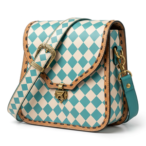 Vintage Genuine <b>Leather</b> Lightweight Shoulder Bag Diamond Lattice Pattern Buckle Closure Single Strap Turquoise White Women's - Product Image 5