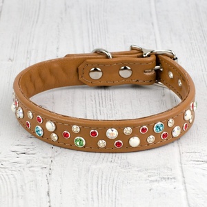 Handmade Exclusive Leather Dog Collar With 4Colored Combo Crystal <b>Studs</b> Decoration Top Indian Supplier Saman Exports - Product Image 4