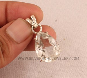 Pendentif en argent sterling fait main, cristal clair vintage, pierre de haute qualité, bijoux en pierre transparente, vente en gros, style indien - Product Image 4