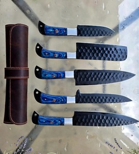 Ensemble de 5 couteaux de cuisine, finition martelée, bord droit, manche en bois bleu - Product Image 2