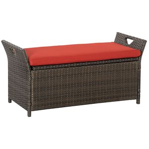 Panca contenitore da esterno in PE rattan da 27 galloni, rossa, in vimini, con ampio contenitore rettangolare e poggiapiedi - Product Image 1