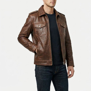 OEM Custom Vintage Men Brown <b>Leather</b> Jacket Premium Quality Turn-down Collar Zipper Closure Moto Style Casual Winter Biker <b>Coat</b> - Product Image 3