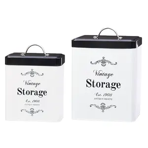 White Metal Kitchen Storage Tins White Steel containers for kitchen With Black Printing Small Tea Coffee and Sugar Containers