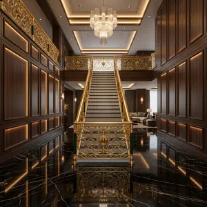 Rampe d'escalier en fer forgé doré de luxe avec décor floral orné pour villa, manoir, hôtel et décoration intérieure - Product Image 6
