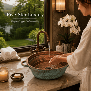 Handcrafted <b>Round</b> Copper Vessel Wash <b>Basin</b> with Side Handles Hammered Bathroom Sink Luxury Countertop <b>Basin</b> for Home Hotel Villa - Product Image 3