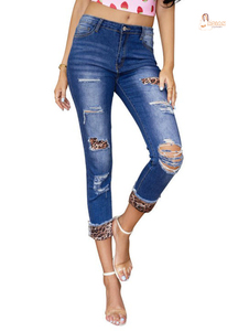 กางเกงยีนส์ทรงตรงเอวกลางสไตล์วินเทจสำหรับผู้หญิง ขายส่งจากโรงงาน ลายเสือดาว แต่งผ้าแบบแพทช์เวิร์ค ดีไซน์ขาดๆ ผ้าฝ้าย สำหรับฤดูร้อนและฤดูใบไม้ร่วง - Product Image 2