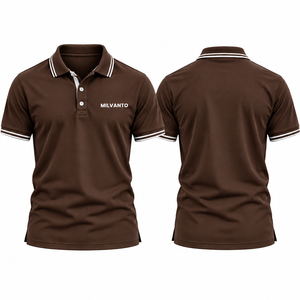 เสื้อโปโลผู้ชายปักลายแบบกำหนดเองสีน้ำตาล เสื้อโปโลแขนสั้นสำหรับเล่นกอล์ฟ เสื้อกอล์ฟระบายอากาศได้ดี คอเสื้อและปลายแขนเสื้อลายทาง - Product Image 1