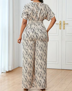 Women's High Waist V-neck Eco-Friendly Fleece Casual Breathable Summer Striped Printed Short Sleeve Jumpsuit - Product Image 3