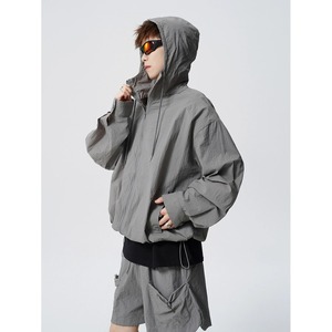 Men's Hooded Windbreaker <b>Jacket</b> Gray Polyester Zipper Closure Streetwear Loose Fit Spring Outdoor Wear - Product Image 3