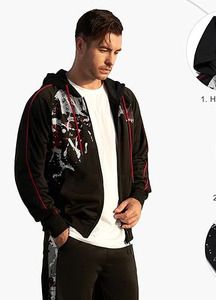 Conjunto Deportivo Urbano para Hombre con Sudadera con Estampado de Grafiti y Pantalones Jogger, Negro y Borgoña, Informal, Transpirable - Product Image 5