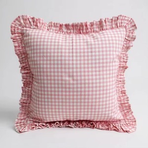 Housse de coussin carrée jaune à carreaux vichy avec bordure à volants, style classique, décoration d'intérieur, taies d'oreiller - Product Image 4
