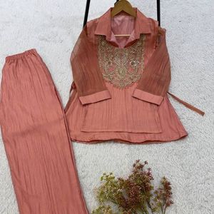 Elegant Beige Knee-Length Regular Fit <b>Kurti</b> Pant Dupatta Set Embroidered Yoke Pleated <b>Indian</b> Pakistani Outfit for Party Wedding - Product Image 5