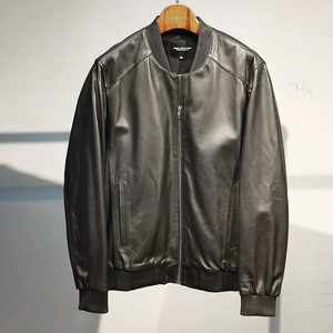 Varsity <b>Jacket</b> Black Baseball Uniform <b>Men's</b> Genuine Leather <b>Jackets</b> Stand Collar Outdoor Sheepskin Coat Windproof <b>Smart</b> Casual - Product Image 1
