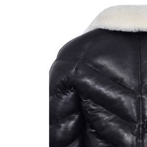 Blouson aviateur en cuir noir pour homme, col montant, fermeture éclair, doublure en fausse fourrure, coupe-vent, manteau d'hiver - Product Image 5