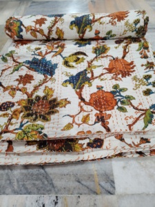Handmade Kantha Quilt Reversible Cotton Blanket grey fabric print Multi Color <b>Bedspread</b> Home Decor Gift for Her - Product Image 2