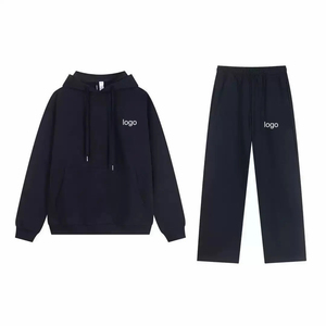 Ensemble de survêtement unisexe noir 2 pièces bleu foncé, sweat-shirt à capuche et pantalon à taille élastique, tenue décontractée pour tous les jours - Product Image 1