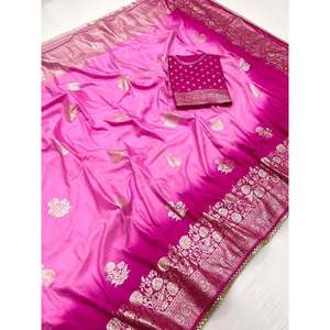 SAREE À Tissage ZARI SOIE MOUSSELINE RICHE AVEC BLOUSE INCOUSÉE ROSE - Product Image 1