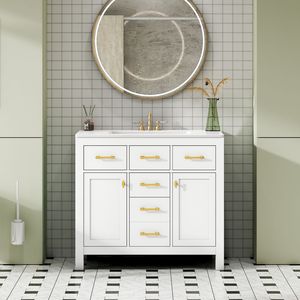 Mobile Bagno Moderno da 36 Pollici Autoportante con 4 Cassetti, 2 Armadietti e Lavabo in Ceramica - Set Completo per Stoccaggio e Organizzazione - Product Image 4