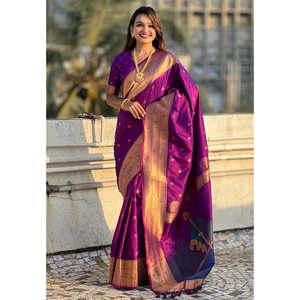 Sari de Seda Paithani de Primera Calidad con Zari Color Vino y Gudi Tejido para Gudi Padwa, Ropa India y Pakistaní - Product Image 4