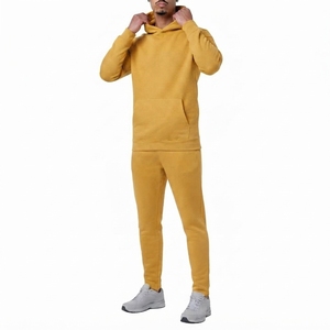 Ensemble de survêtement en molleton jaune moutarde pour homme, sweat-shirt et pantalon décontractés à capuche, couleur unie, 100% coton, séchage rapide, hiver - Product Image 1