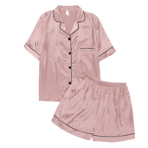 Customized Women's Silk Satin Pajamas Set Short Sleeve Button <b>Down</b> Two Piece Sleepwear Classic Solid Color Pink Summer Loungewea - Product Image 1