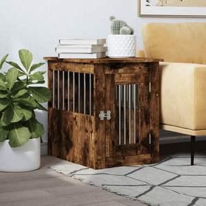 Cage pour chien de taille moyenne en bois d'ingénierie chêne fumé avec structure en acier – Maison et mobilier pratiques pour animaux de compagnie - Product Image 1