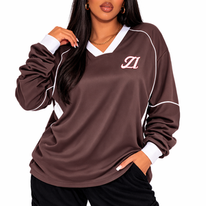 Camiseta de Fútbol Americano para Mujer, Talla Grande, Color Marrón, Malla Transpirable, Manga Larga, Poliéster, Estilo Urbano, Panel en Contraste, Marca Privada - Product Image 1