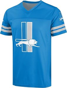 Maillot de football Lions bleu à col en V, manches courtes, avec logo et rayures blanches, 100 % polyester, séchage rapide, broderie machine, durable - Product Image 2