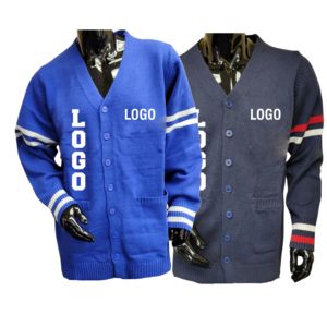 Customized High Quality Hamptoon University Varsity Embroidered Solid Long Sleeve V-neck 100% Cotton <b>Cardigan</b> Sweater HBCU Made - Product Image 1