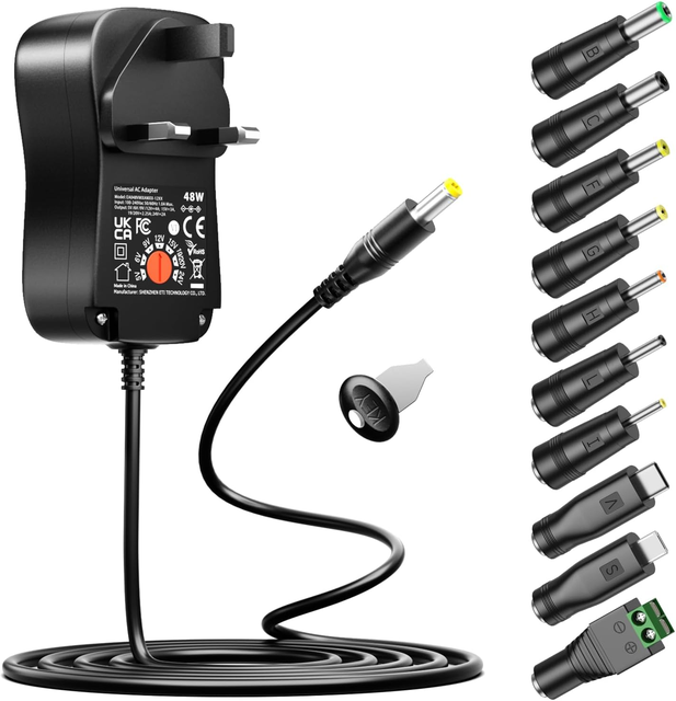 48W Universal Power Supply AC DC 5V 6V 9V 12V 15V 19V 20V 24V Power Supply Adapter with 10 DC Connectors for Home Electronics