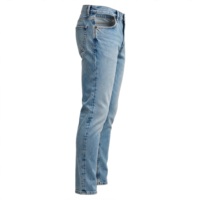 Celana Jeans Denim Biru Muda Pria Pinggang Tinggi Potongan Lurus Stonewashed Kasual Katun Berat Sedang Kancing Depan Gaya Musim Semi