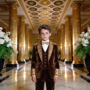 Costume de fête en velours bordeaux pour garçons avec broderie dorée Ensemble de vêtements de mariage et de cérémonie pour enfants - Product Image 4