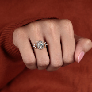 Oval Cut Lab Grown Diamond Halo Engagement Ring With Marquise Side Stones Wedding Ring IGI Certified Bridal Jewelry Supplier - Product Image 5