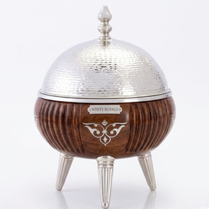 Elegante calentador de alimentos de madera estriada estilo Majlis con detalles plateados tradicionales, tipo chafing dish para Ramadán, utensilio de servicio tipo hotpot, duradero, para el mercado del Golfo, al por mayor - Product Image 1