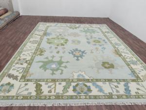 Tapis d'appoint noué à la main, abstrait, vintage, en soie et laine, adapté aux animaux domestiques, très résistant |   Décoration de salon vert bleu pastel - Product Image 6