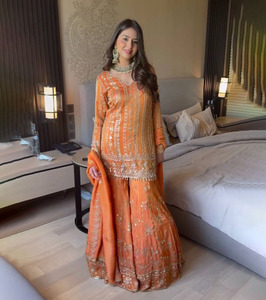 Diseñador moderno pesado Faux Georgette tela indio y pakistaní étnico vestido Sharara traje y Palazzo con Dupatta en precio bajo - Product Image 1