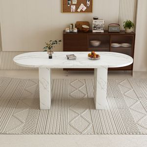 62.9 pollici moderna fattoria tavolo da pranzo ovale in marmo bianco finitura 6 posti tavolo da cucina in legno striscia di Base impermeabile graffio - Product Image 2