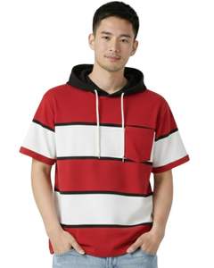 Camiseta con Capucha Personalizada para Hombre, a Rayas Rojas, Blancas y Negras, de Manga Corta, con Capucha en Contraste, Cordón y Bolsillo, Estilo Casual Urbano, Top de Verano - Product Image 1