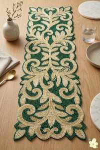 Handmade Luxury Customized Shape Fabric Table <b>Runner</b> <b>Green</b> Cream Embroidered Design Mats Pads Eco-Friendly Durable Lightweight - Product Image 1
