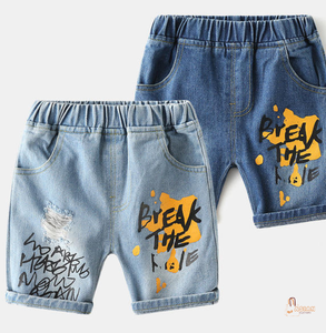 Shorts en jean pour garçons avec broderie de dessins animés, taille élastique, décontractés, en coton lavé - Product Image 4