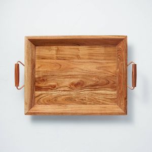 Natural 100% Acacia Premium <b>Rectangle</b> Wood Serving Tray with Handles Eco Friendly Slotted Wooden Butler Tray for <b>Coffee</b> <b>Table</b> - Product Image 4