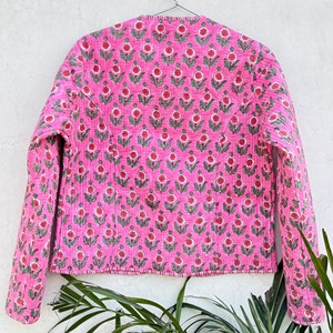 Chaqueta Acolchada de Algodón con Estampado Floral Rosa, Cuello en V, Manga Tres Cuartos, Ropa de Abrigo de Primavera para Mujer - Product Image 5