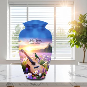 Personalized Eco-Friendly Durable Guitar Cremation Urn with Hummingbird Sunset Design for Musician <b>Memorial</b> <b>Keepsake</b> - Product Image 1