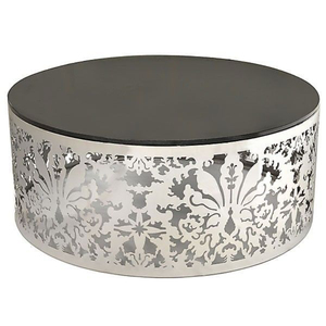 Luxury Modern <b>Round</b> <b>Coffee</b> <b>Table</b> With Laser-Cut Stainless Steel Filigree Base And <b>Black</b> Tempered Glass Top For Living Room Decor - Product Image 3