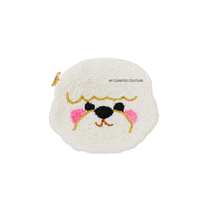 Monedero de Perro de Dibujos Animados Hecho a Mano con Cuentas, Mini Cartera con Cremallera, Mejillas Blancas y Rosas con Ribete Dorado, Monedero Personalizado con Cuentas de Semillas - Product Image 1