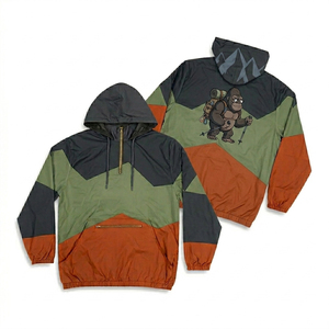 Men's Color Blocking Hooded Windproof Quarter-Zip Jacket With Gorilla Print Back Design Casual Outdoor Wear Autumn Style - Product Image 1