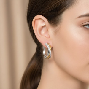 ต่างหูห่วงเพชรทรงกลมธรรมชาติ 0.60 กะรัต ทอง 14K หลายสี | ต่างหูแบบห่วงดีไซน์เนอร์สองสีประดับเพชรสำหรับผู้หญิง - Product Image 1