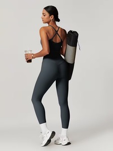 Women Solid Summer 2 Pcs Yoga Suit Strappy Back Sports Bra High Waist Leggings Seamless Gym <b>Workout</b> Matching Set - Product Image 4